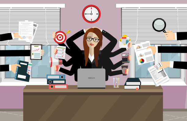 多手的快乐女商人。多任务处理和生产力概念。矢量平面设计插图。图片下载