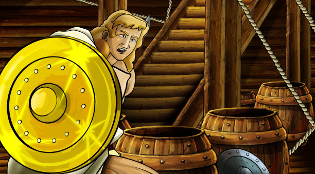 带有罗马或希腊古代人物的卡通场景，里面是带金盾的木船室图片下载