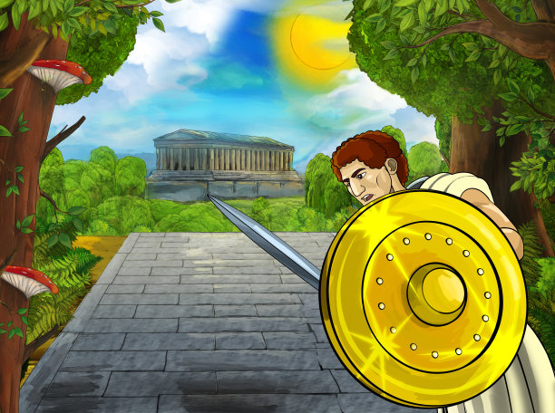 卡通场景与罗马或希腊古代人物附近的一些古老的建筑，如神庙在城市的道路上图片下载