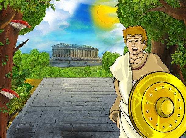 卡通场景与罗马或希腊古代人物附近的一些古老的建筑，如神庙在城市的道路上图片下载