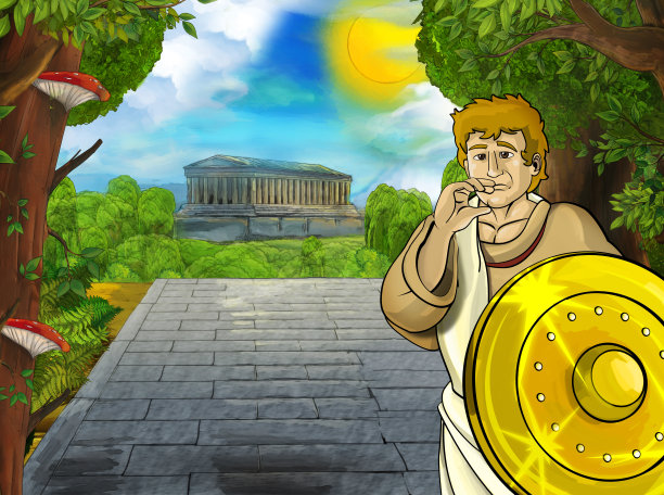 卡通场景与罗马或希腊古代人物附近的一些古老的建筑，如神庙在城市的道路上图片下载