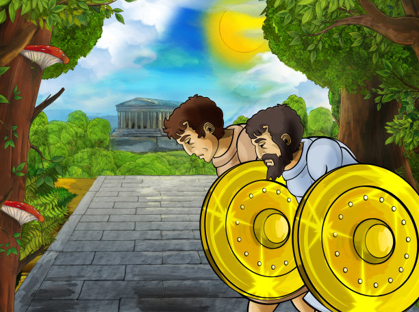 卡通场景与罗马或希腊古代人物附近的一些古老的建筑，如神庙在城市的道路上图片下载