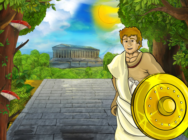 卡通场景与罗马或希腊古代人物附近的一些古老的建筑，如神庙在城市的道路上图片下载