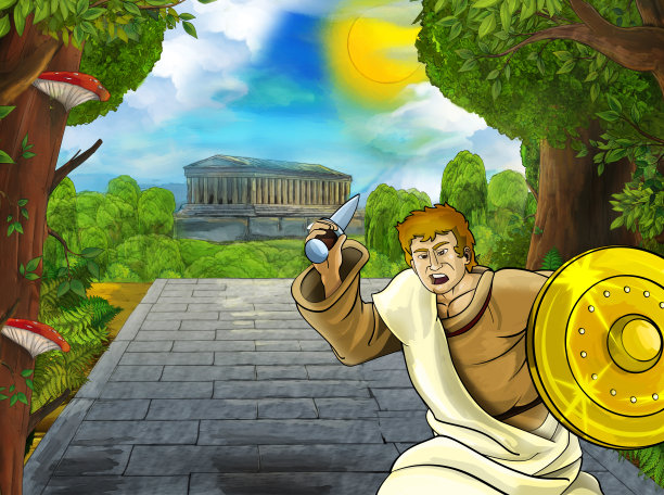 卡通场景与罗马或希腊古代人物附近的一些古老的建筑，如神庙在城市的道路上图片下载