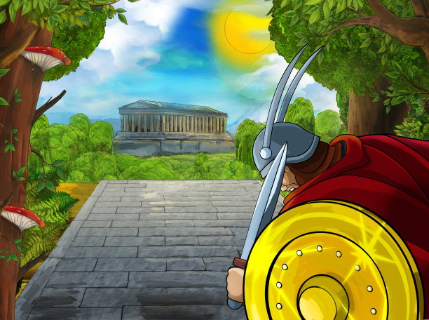 卡通场景与罗马或希腊古代人物附近的一些古老的建筑，如神庙在城市的道路上图片下载