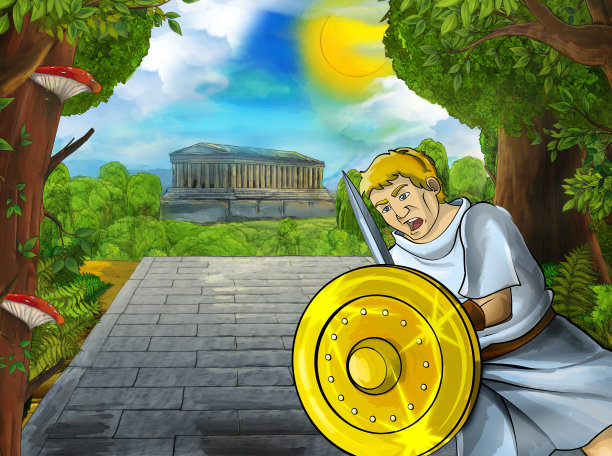 卡通场景与罗马或希腊古代人物附近的一些古老的建筑，如神庙在城市的道路上图片下载