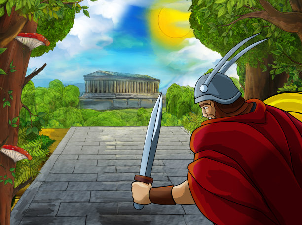 卡通场景与罗马或希腊古代人物附近的一些古老的建筑，如神庙在城市的道路上图片下载