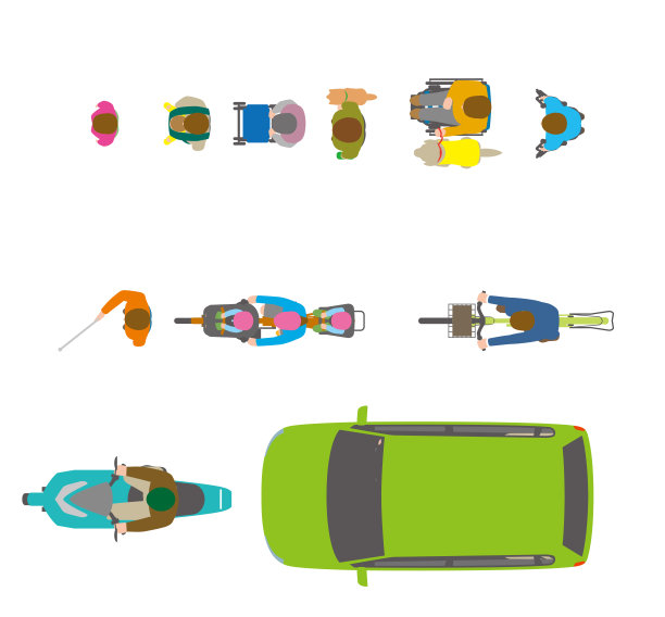 人,自行车,汽车。从上面看插图。图片下载