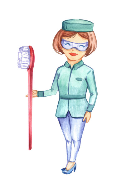 牙科的艺术。牙齿的模式。牙医。牙刷。牙膏。水彩插图。声音的牙齿。美丽的微笑。护士制服。医学。人类的健康。图片下载