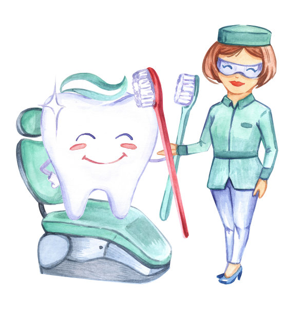 牙科的艺术。牙齿的模式。牙医。牙刷。牙膏。水彩插图。声音的牙齿。美丽的微笑。护士制服。医学。人类的健康。图片下载