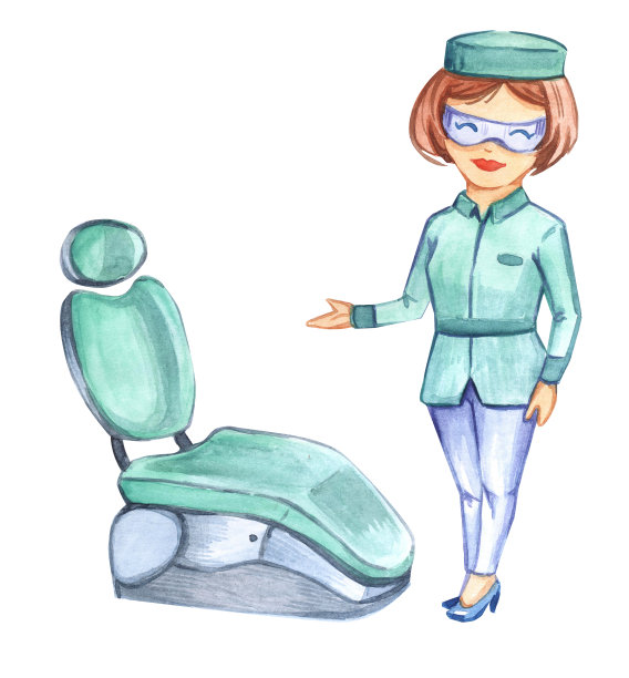 牙科的艺术。牙齿的模式。牙医。牙刷。牙膏。水彩插图。声音的牙齿。美丽的微笑。护士制服。医学。人类的健康。图片下载