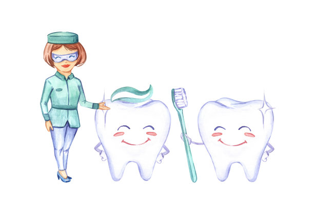 牙科的艺术。牙齿的模式。牙医。牙刷。牙膏。水彩插图。声音的牙齿。美丽的微笑。护士制服。医学。人类的健康。图片下载