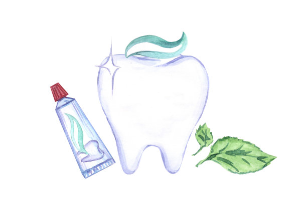 牙科的艺术。牙齿的模式。牙医。牙刷。牙膏。水彩插图。声音的牙齿。美丽的微笑。护士制服。医学。人类的健康。图片下载