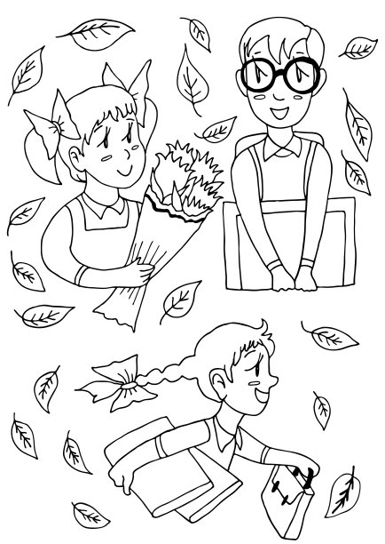 小学生秋季学习矢量插图轮廓着色书图片下载