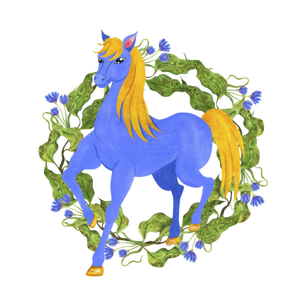 以苹果树叶子和矢车菊编成的花环为背景，鬃毛为黄色的蓝色马。在白色背景上的水彩插图。用来打印明信片，笔记本，t恤，请柬。图片下载