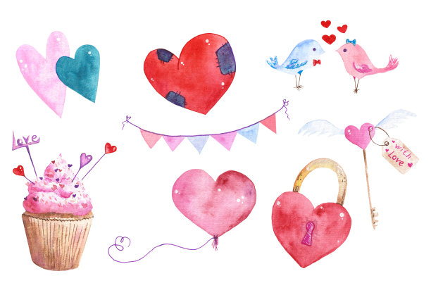 水彩元素为情人节。剪贴簿设计元素。卡片，标签，横幅设计集。图片下载