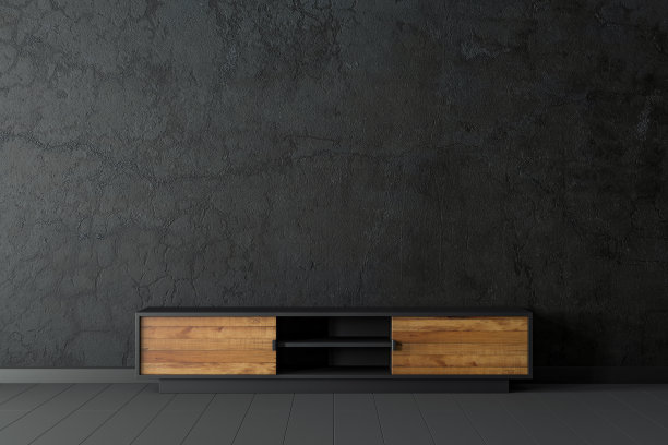 现代橱柜电视控制台模型在空客厅与黑色墙壁图片下载