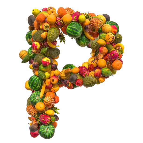 字母P，水果字体。3D渲染孤立的白色背景图片下载