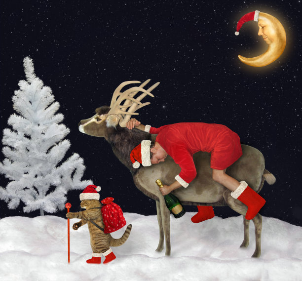 醉醺醺的圣诞老人骑着驯鹿在树林里图片下载
