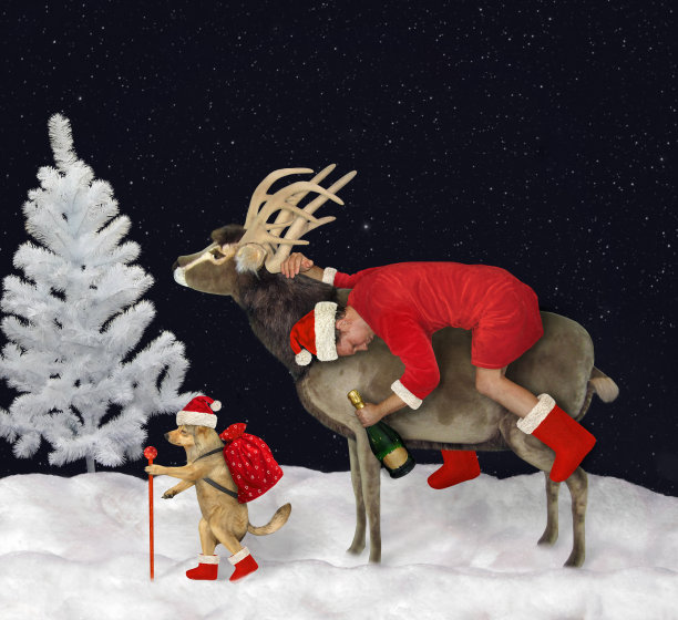 醉醺醺的圣诞老人骑着驯鹿在树林里图片下载