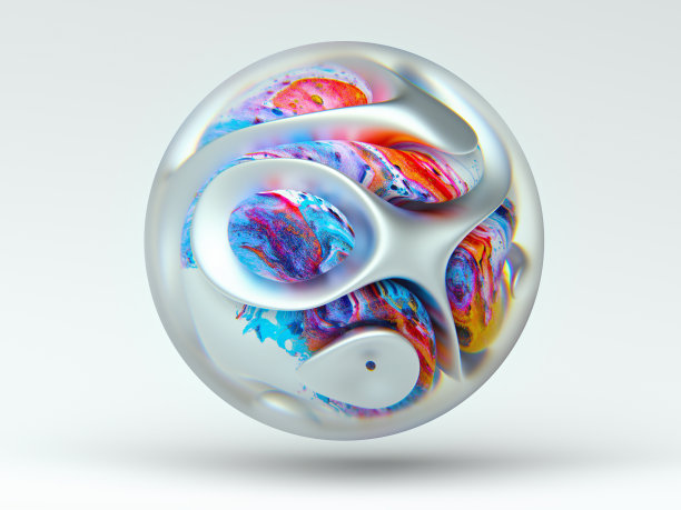 三维渲染抽象艺术玻璃三维球在有机曲线圆形波浪光滑和软的生物形式在哑光铝金属与陶瓷部分油漆在丙烯酸蓝色，红色和白色的颜色图片下载