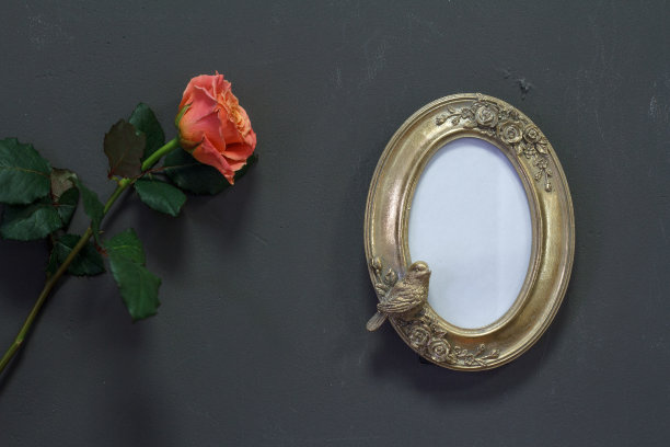空黄金复古椭圆形框架在维多利亚风格和玫瑰花在灰色的墙壁，背景或概念图片下载