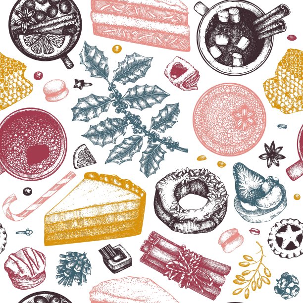 冬季甜点和热腾腾的季节性饮料背景。图片下载