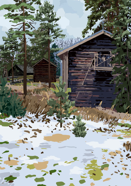 斯堪的纳维亚冬季景观与传统的木屋在田野周围的针叶树图片下载