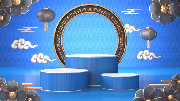 3d渲染图像的蓝色几何讲台。中国传统平台的美容品牌化妆品或任何产品。概念购物平台为中国鼠年。图片下载