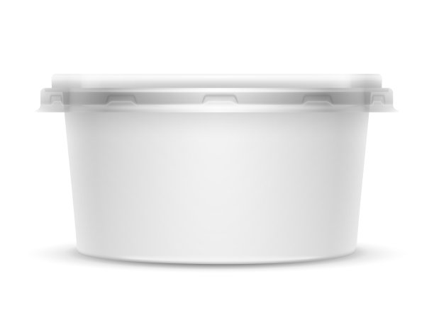 圆形塑料容器的3D插图，透明的盖子隔离在白色的背景上。图片下载