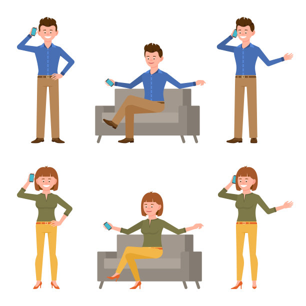 年轻，可爱，有趣的男人和女人矢量插图。讲电话，智能手机，打电话，对话，对话，坐在沙发办公室的男人和女士卡通人物设置在白色图片下载