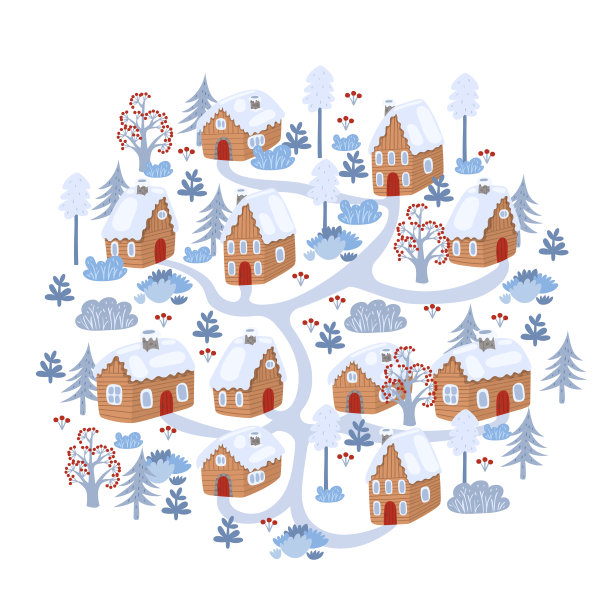 冬季村庄孤立在白色的背景。冬天的房子和树。矢量图形。图片下载