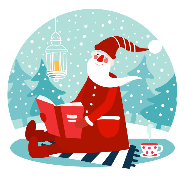 可爱的寒假插画与有趣的圣诞老人读一本书。圣诞和快乐的假期矢量卡图片下载
