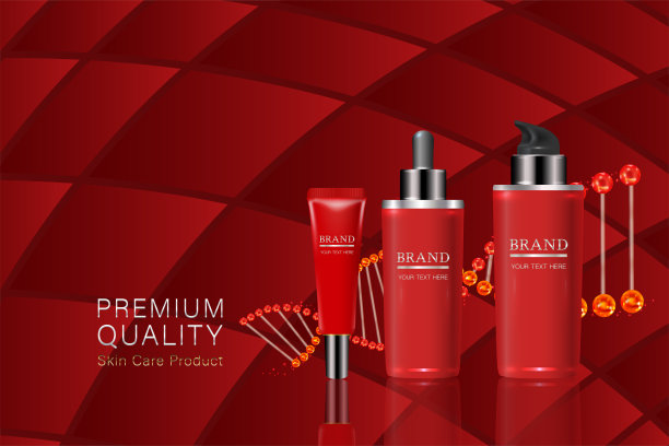 美容产品广告设计，红色化妆品容器与胶原蛋白溶液广告背景准备使用，奢侈护肤横幅，插图向量。图片下载