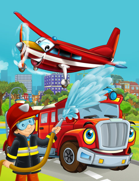 卡通场景，消防车辆在道路上行驶穿过城市，飞机飞过，消防队员站在附近图片下载