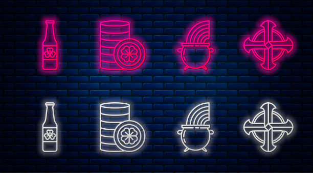 设置线黄金硬币与四叶三叶草，女巫坩埚和彩虹，啤酒瓶与四叶三叶草和凯尔特人十字架。砖墙上发光的霓虹灯图标。向量图片下载