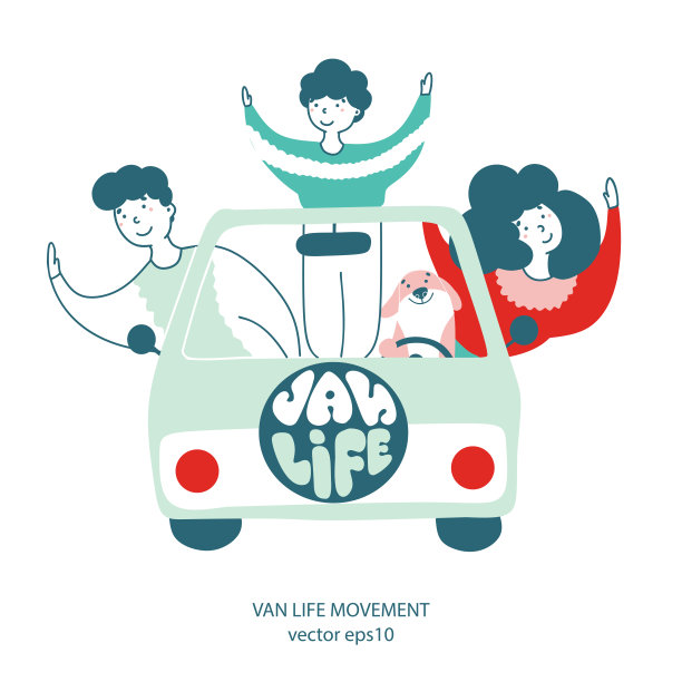 Van旅行生活方式手绘平面矢量插图图片下载
