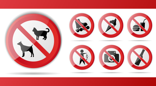 设置红色禁止停止标志，警告，禁止进入，禁止进入标志，矢量图形插图，孤立在白色背景与对象宠物，狗，猫，动物，滚动，食物，饮料，相机，照片图片下载
