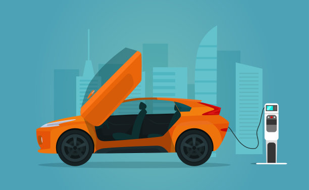 电动CUV汽车与开放的门隔离。电动汽车正在充电，侧视图。矢量平面插图。图片下载