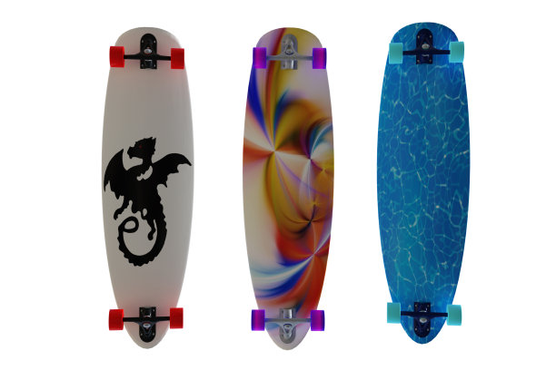 一组滑板底部视图隔离在白色，3d渲染。图片下载