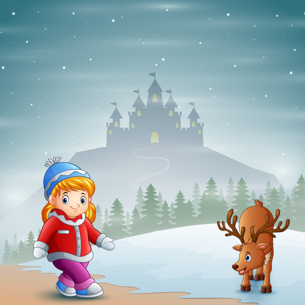 小女孩带着鹿在雪地上走图片下载