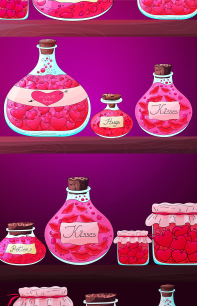 药瓶，罐子都在架子上。收集多种类型的液体长生不老药瓶。彩色的情人节矢量插图。魔法爱情药水罐图标与心，吻，爱情毒药玻璃瓶。图片下载