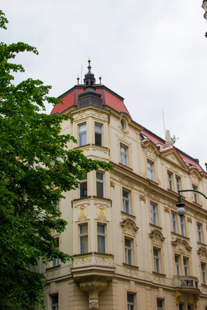 在捷克共和国的布拉格，一个典型的彩色捷克房子的正面垂直图片，在左边有一棵树图片下载