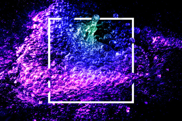 边框设计抽象的彩色水喷溅与图形运动流气泡在黑色背景以上的白色框架，饮水业务的想法，壁纸，3D艺术屏幕，和环境概念图片下载