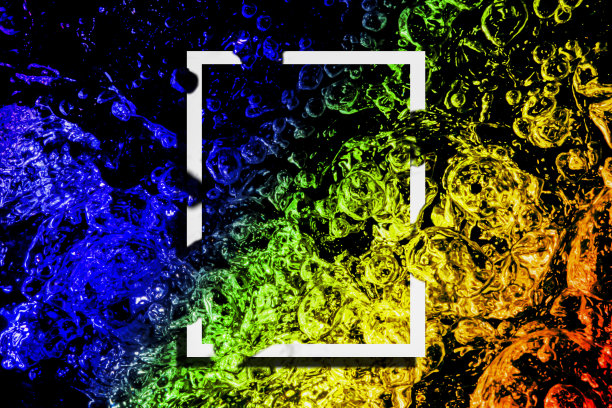 边框设计抽象彩色水喷溅与图形运动流气泡在黑色背景以上的白色框架，饮水业务的想法，壁纸，艺术屏幕，和环境概念图片下载