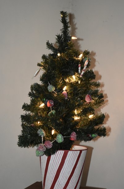 有灯和装饰品的微型圣诞树图片下载