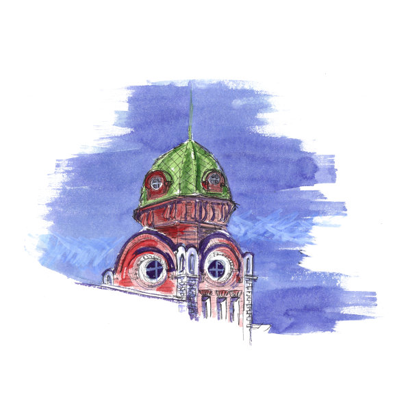 水彩画的一个古老的塔与圆形的窗户，一个圆顶和尖顶图片下载