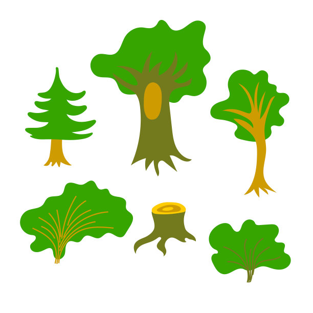 卡通森林的树，灌木，树桩设置孤立的白色图片下载