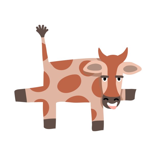 有趣的公牛在跳舞和微笑。它的皮肤上覆盖着棕色的斑点，尾巴向上凸起，爪子前后摆动。儿童书籍插图，网站设计，明信片图片下载