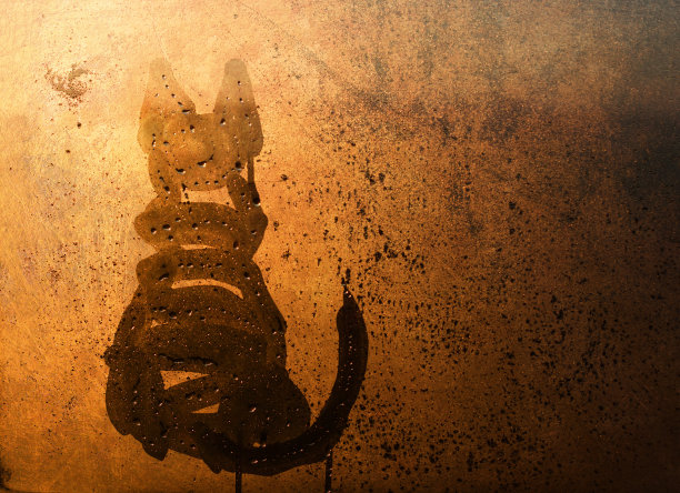 一只猫的轮廓画在潮湿的窗户上图片下载